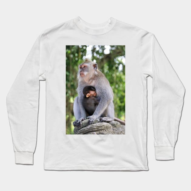 a monkey and baby sitting on a branch in ubud in bali Long Sleeve T-Shirt by Geoff79